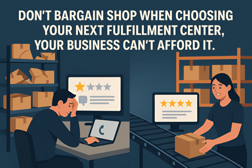 Business owner stressed by poor fulfillment service contrasted with a happy worker and positive reviews.