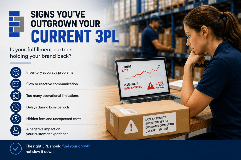 Signs You've Outgrown Your Current 3PL: Is your fulfillment partner holding your brand back? Inventory accuracy problems Slow or reactive communication Too many operational limitations Delays during busy periods Hidden fees and unexpected costs A negative impact on your customer experience The right 3PL should fuel your growth, not slow it down.