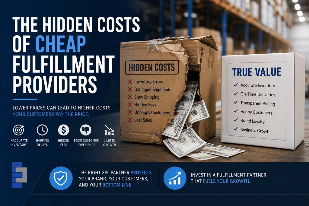 The hidden costs of cheap fulfillment providers: Lower prices can lead to higher costs. Your customers pay the price. Hidden Costs: Inventory errors, damaged shipments, slow shipping, hidden fees, unhappy customers, lost sales, inaccurate inventory, shipping delays, poor customer experience, limited growth. True value: accurate inventory, on-time deliveries, transparent pricing, happy customers, brand loyalty, business growth. The right 3PL partner protects your brand, your customers, and your bottom line. Invest in a fulfillment partner that fuels your growth.
