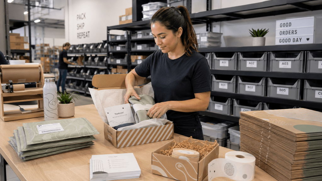 A woman in a warehouse carefully packs an image with a thank you card in it.